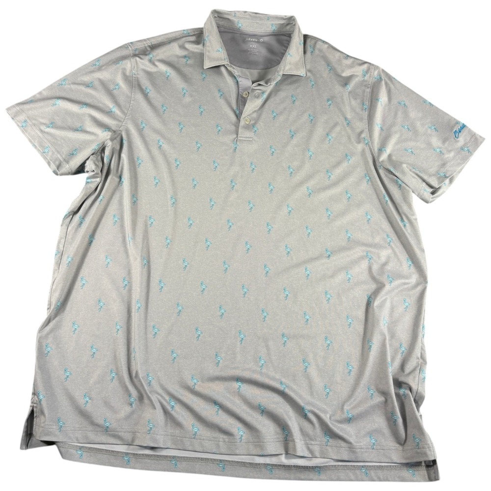 Johnnie-O Polo Shirt Mens 2XL Gray Flamingo Print Stretch Performance Side Slit